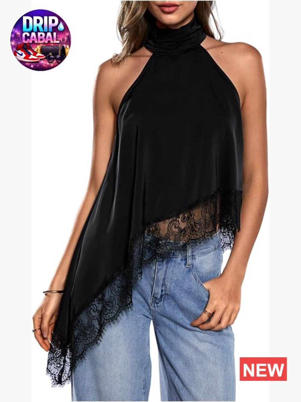 Women's Halter Neck Sleeveless Tank Top Lace Asymmetrical Hem